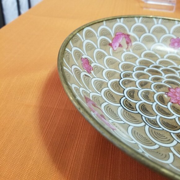 Vintage Japanese Brass Encased Porcelain Koi Bowl with Lotus Design & Koi - Picture 5 of 7
